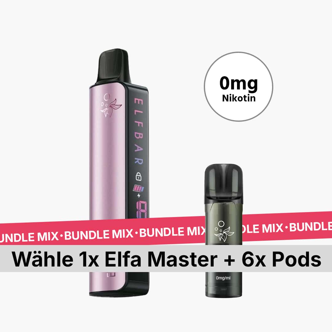Elfbar Elfa Master Bundle Mix Vape-Set mit 0 mg Nikotin, pink-schwarzes Elfa Master Gerät und Pod, Text: Wähle 1x Elfa Master + 6x Pods