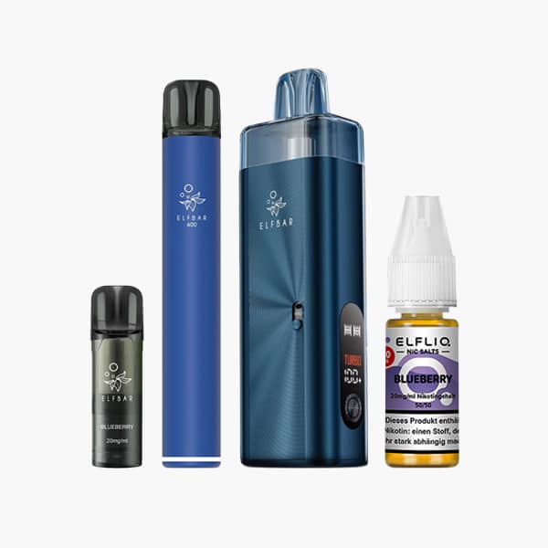 Set ELFBAR Blueberry 20 mg: pod, dispositivo ELFBAR 600 , dispositivo a batteria blu e flacone ELFliq Nic Salts su sfondo bianco