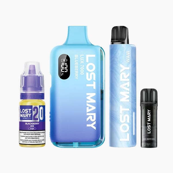 Lost Mary Set per lo svapo da 20 mg con pod Lux 700 Blueberry, Wavy Blue e Mix Berries, oltre a una bottigli Blackberry Ice