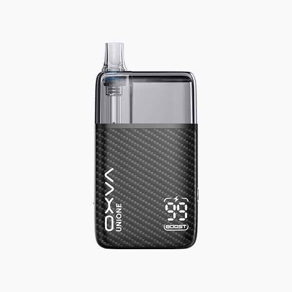 OXVA UNO One Pod Kit in Carbon Schwarz mit transparentem Pod, Vorderansicht, 20 mg