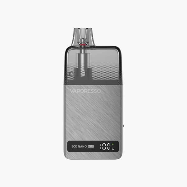 Vaporesso Eco Nano Plus Pod Vape in Grau, Vorderansicht mit transparentem Pod und Display, 20 mg