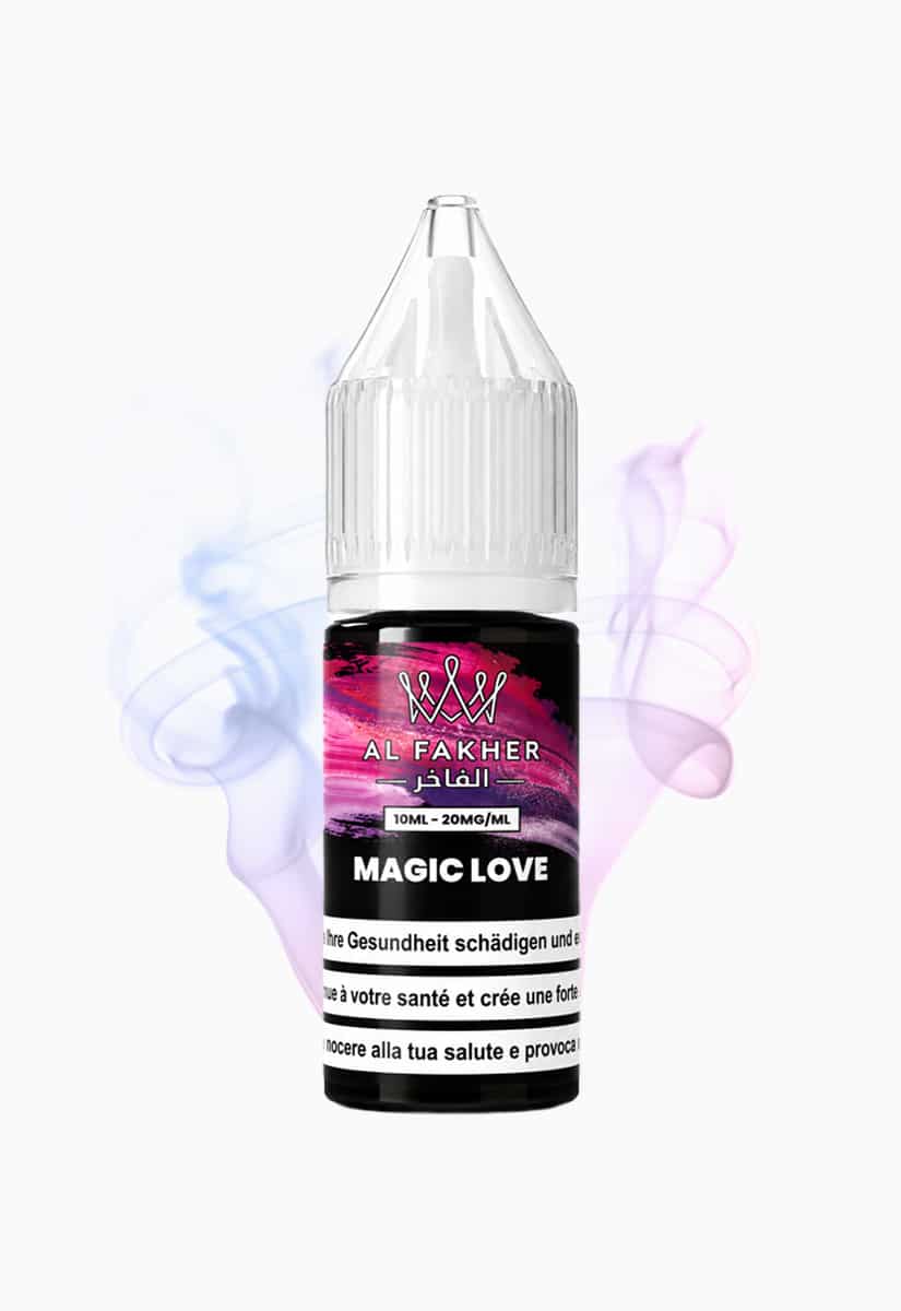 E-liquid Al Fakher Magic Love da 10 ml con 20 mg/ml di nicotina, flacone con etichetta rosa-viola su sfondo di vapore colorato