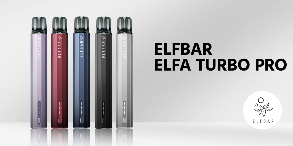 ELFBAR ELFA TURBO PRO Vape 20 mg in various colors (purple, red, blue, black, gray) against a light background