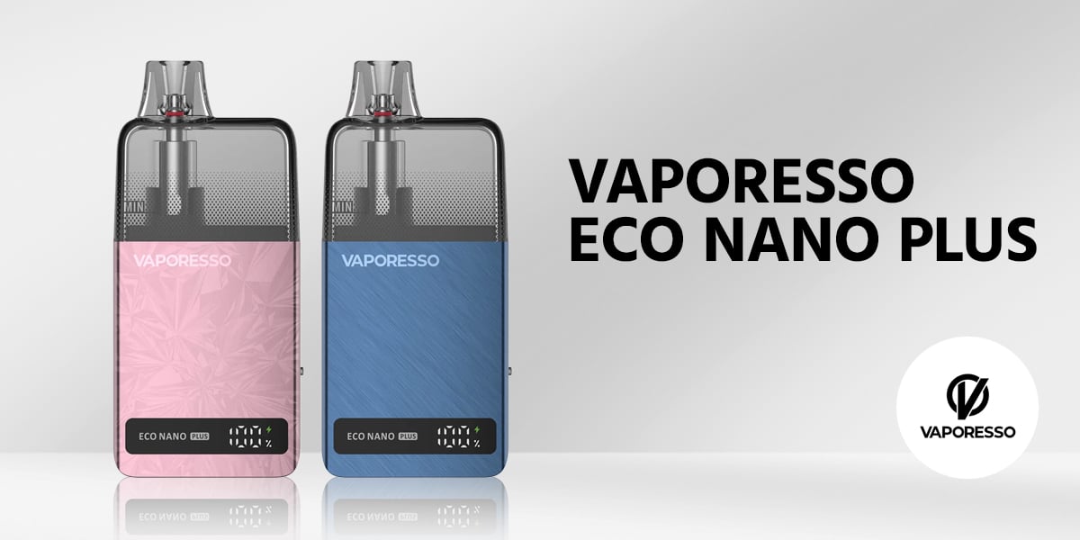 Vaporesso Eco Nano Plus 20 mg Pod Kit in Pink and Blue with Device Display, Product Banner with Logo