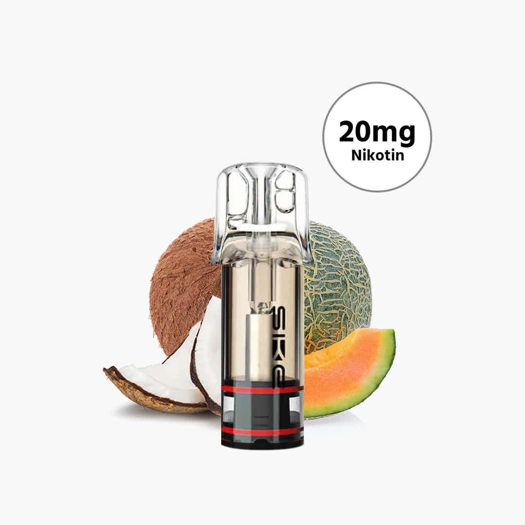 SMOK Pod 20 mg Nikotin mit Kokosnuss- und Melonen-Geschmack, transparentes Pod-Design vor Kokos und Melone