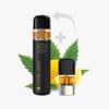 Local Weed Full Spectrum CBD Vape mit Lemon Haze Pod, 20 mg, schwarzes Device mit Pod vor Zitrone und Blättern