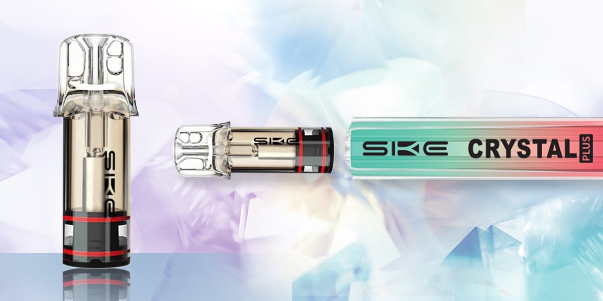 SIKE Crystal Plus 20 mg with a transparent mouthpiece and pod insert against a colored background