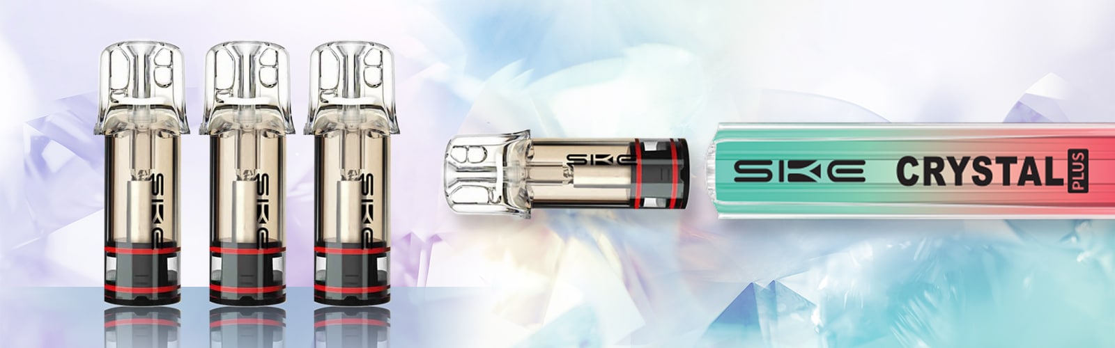 SIKE Crystal Plus 20 mg with a transparent tank and black base, several pods against a light background