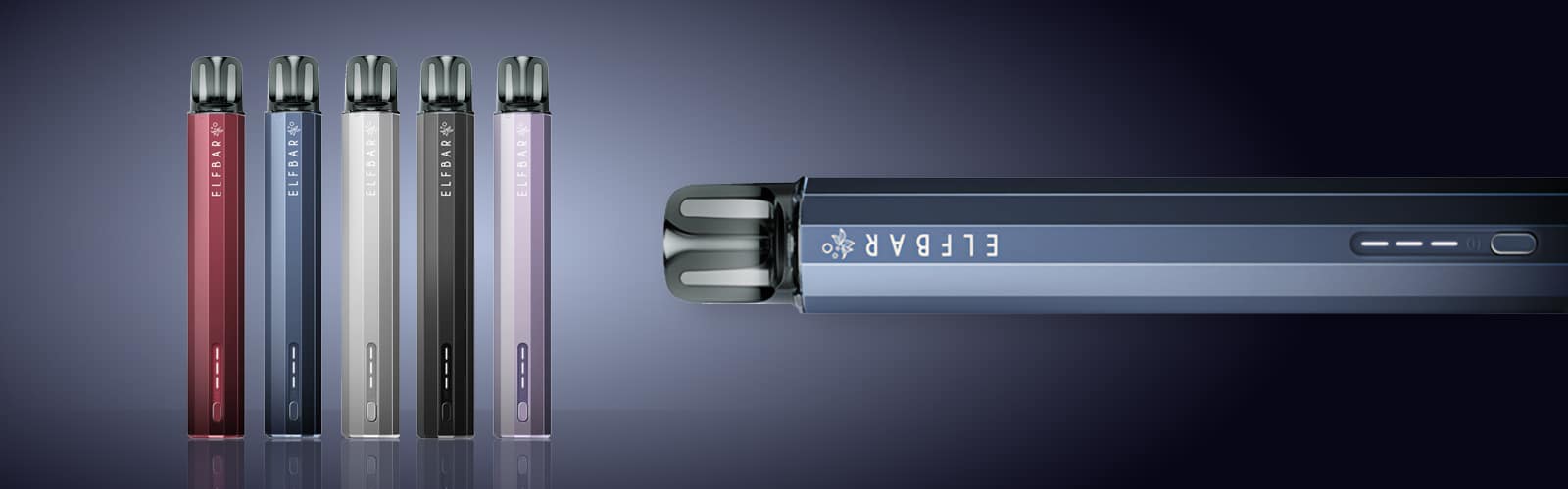 Sistema a pod ELFBAR , immagine del prodotto con cinque varianti di colore (rosso, blu, argento, nero, viola) e vista dettagliata, 20 mg