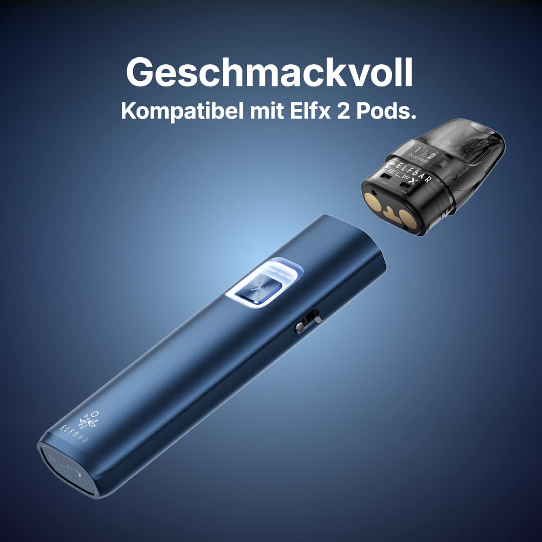 ELFBAR ELFX 2 Pod und blaues ELFBAR ELFX Gerät vor blauem Hintergrund, kompatibel, 20 mg
