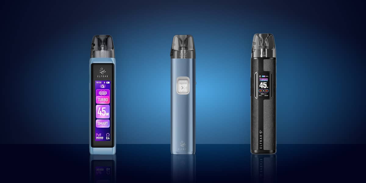 ELFBAR ELFX Pro Pod Vape 20 mg in Blau und Schwarz, drei Ansichten mit Display (Turbo 45W) vor blauem Hintergrund