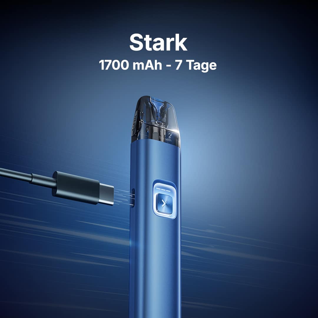 Blaue Stark Vape E-Zigarette 20 mg mit Pod, LED-Taste und USB-C-Ladekabel vor blauem Hintergrund, 1700 mAh