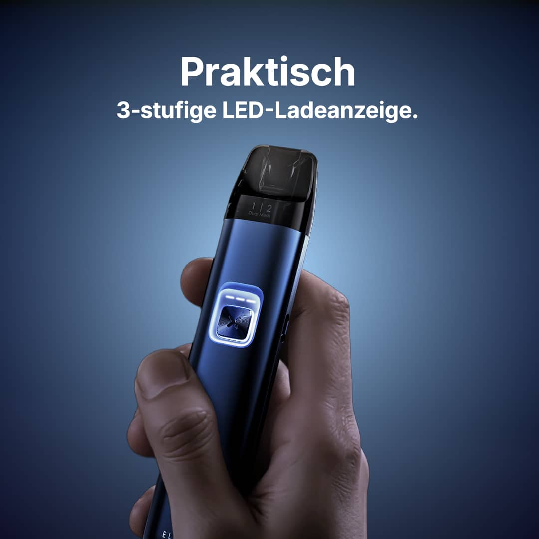 Blaues Vape Gerät in der Hand mit 3-stufiger LED-Ladeanzeige und leuchtendem Button, 20 mg