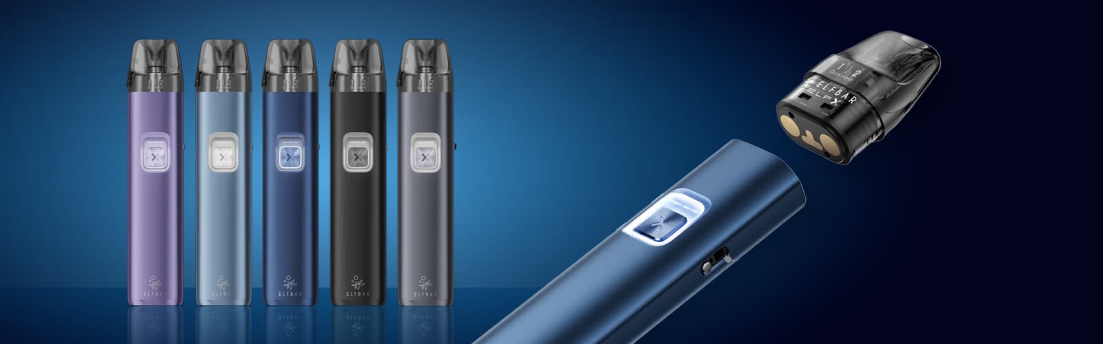 ELFBAR Elfx Pod Kit in Blau mit wechselbarem ELFA Pod, 20 mg, Produktdarstellung mit weiteren Farbvarianten im Hintergrund