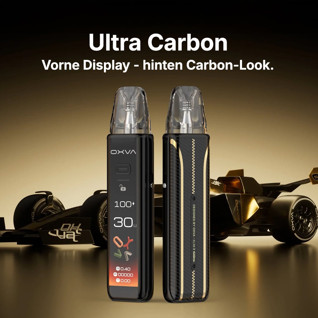 OXVA XLIM Pro Ultra Carbon Pod-Vape 20 mg mit Front-Display und Carbon-Look Rückseite vor dunklem Racing-Hintergrund