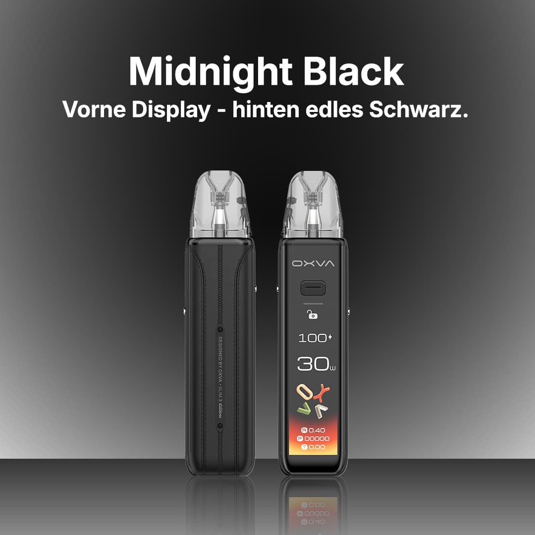 OXVA XLIM Pro 2 Pod-System in Midnight Black (20 mg), Vorderseite mit Display und Rückseite in edlem Schwarz