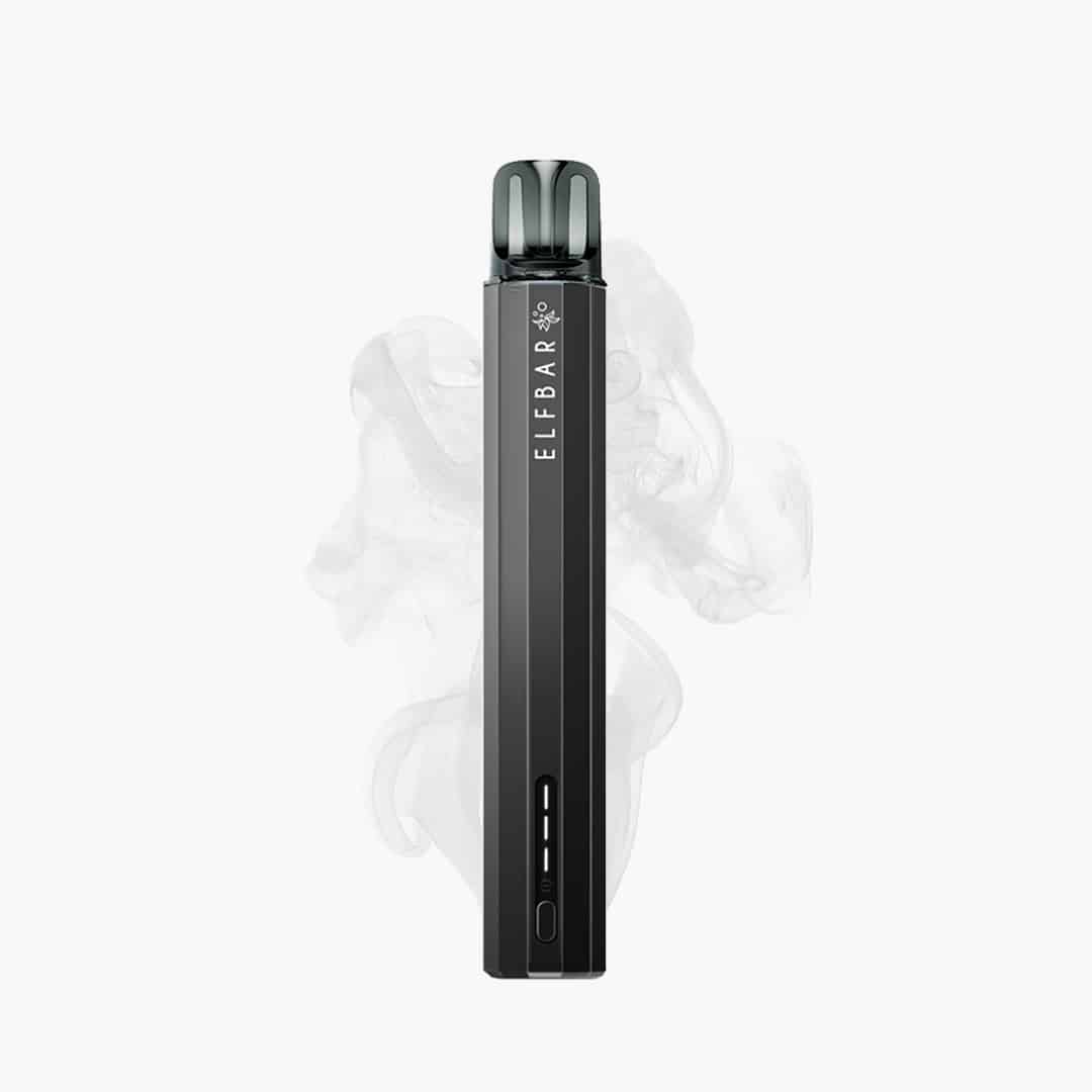 Elf Bar Vape Stick in Schwarz mit Dampf im Hintergrund, 20 mg Nikotin
