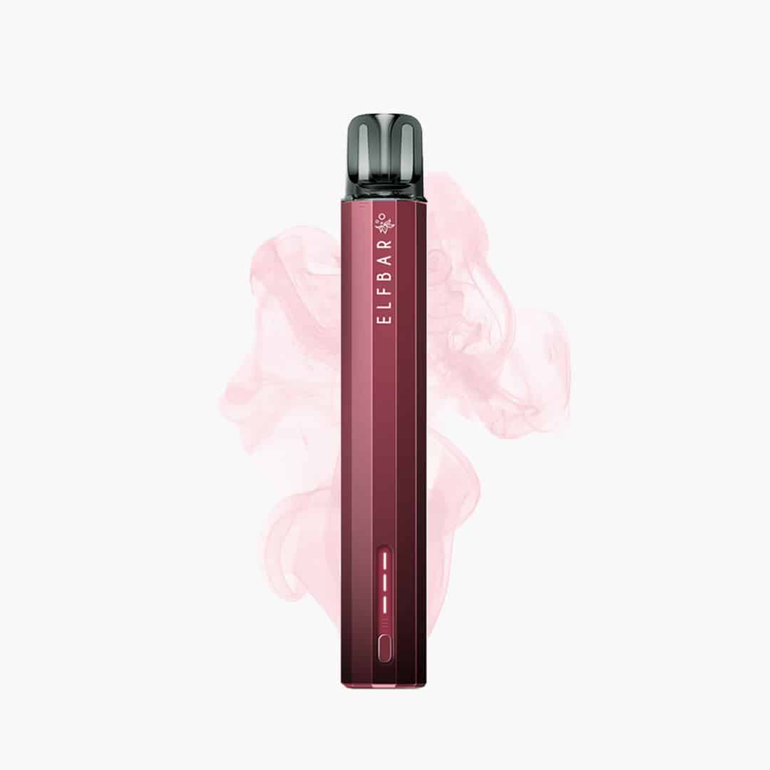 ELFBAR Einweg Vape in Rot mit schwarzem Mundstück, 20 mg Nikotin, freigestellt mit rosa Dampf im Hintergrund