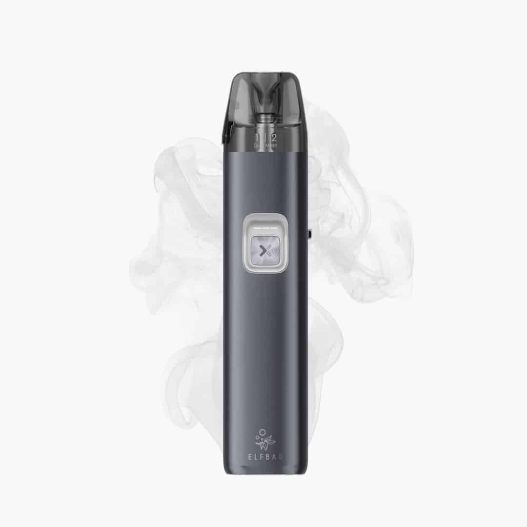 ELFBAR ELFA Pod-System in Grau mit transparentem Pod-Aufsatz, 20 mg, freigestellt vor weißem Hintergrund mit Dampf