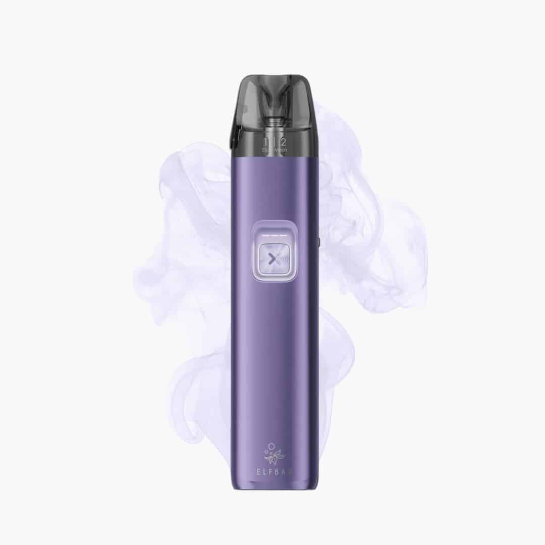 ELFBAR Pod-System Vape in Lila mit dunklem Mundstück, 20 mg Nikotin, freigestellt mit leichtem Dampf-Hintergrund