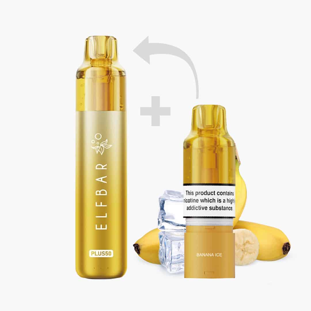 ELFBAR Plus50 Vape Pod Banana Ice 20 mg in Gold mit Bananen und Eiswürfeln als Geschmacksbild