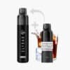 ELFBAR Plus50 Vape mit Cola Pod, 20 mg Nikotin, schwarzes Gerät mit Cola-Glas und Eiswürfeln im Hintergrund