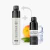 ELFBAR Plus50 Vape mit Pod Peach Ice, 20 mg Nikotin, neben Pfirsich und Eiswürfeln auf weißem Hintergrund