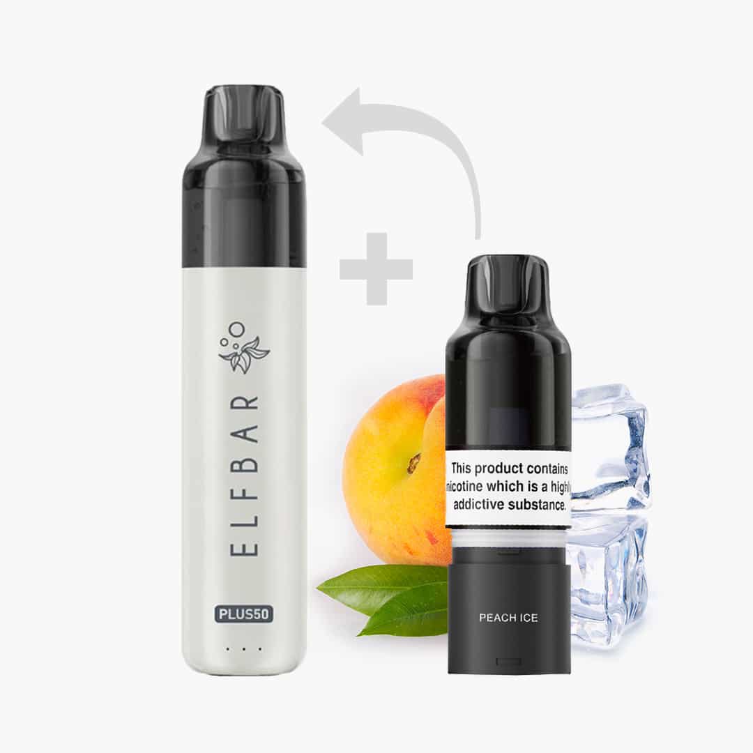 ELFBAR Plus50 Vape mit Pod Peach Ice, 20 mg Nikotin, neben Pfirsich und Eiswürfeln auf weißem Hintergrund