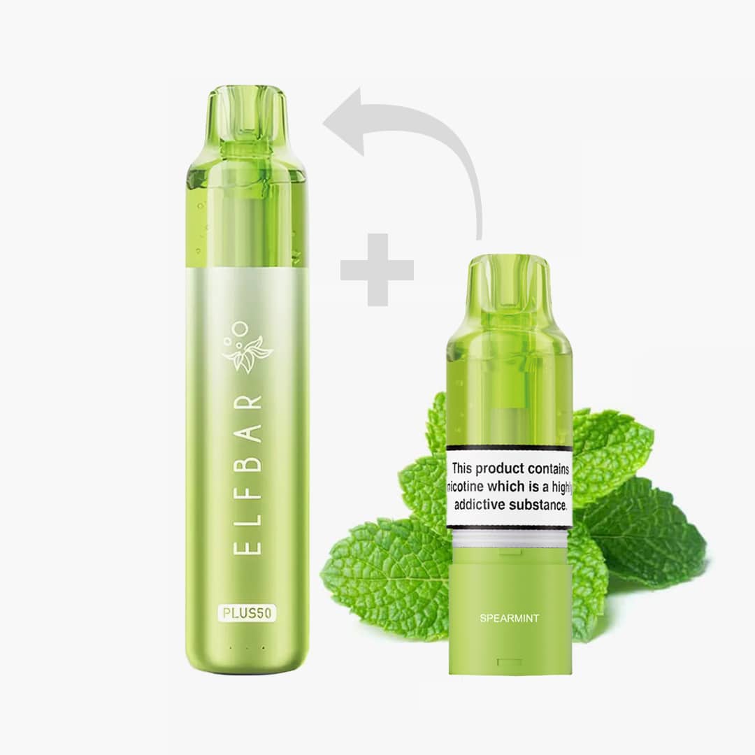 Grünes Elf Bar Plus50 Pod-System mit Spearmint 20 mg, inklusive Austausch-Pod und Minzblättern im Hintergrund