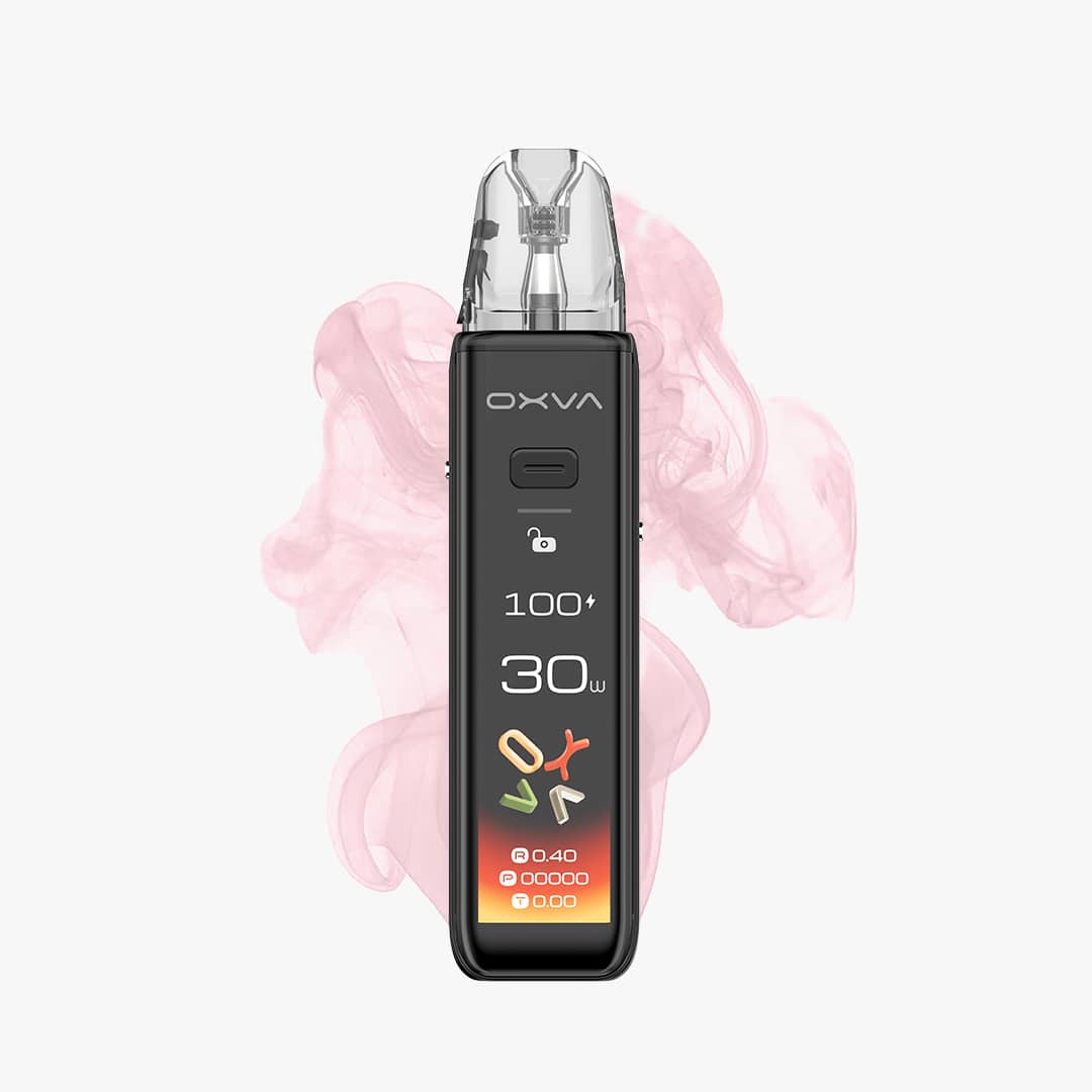 OXVA XLIM Pro Pod Kit in Schwarz mit Display, transparentem Pod und rosa Dampf im Hintergrund, 20 mg