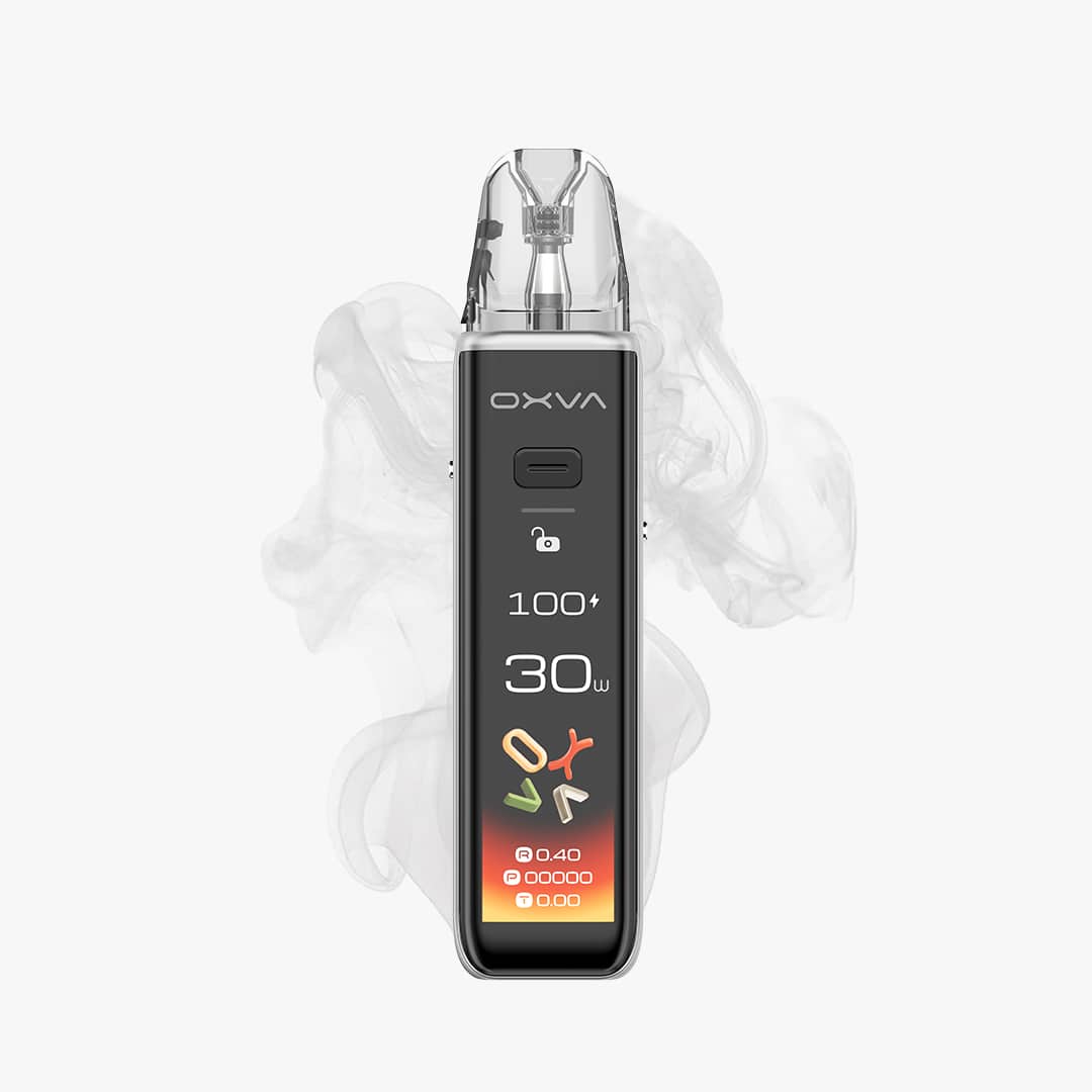 OXVA Pod Vape Gerät in Schwarz mit transparentem Pod und Display, freigestellt mit Dampf, 20 mg Nikotin