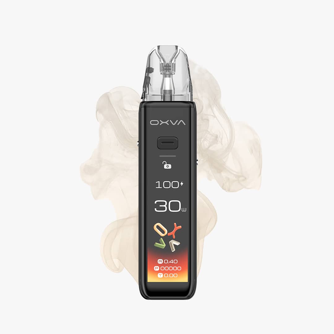 OXVA Pod-System E-Zigarette in Schwarz mit transparentem Pod und Display, 20 mg, freigestellt mit Dampf im Hintergrund
