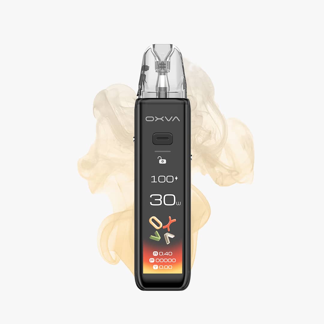 OXVA XLIM Pro Pod-System Kit in Schwarz mit Display (30W) und transparentem Pod vor hellem Hintergrund, 20 mg
