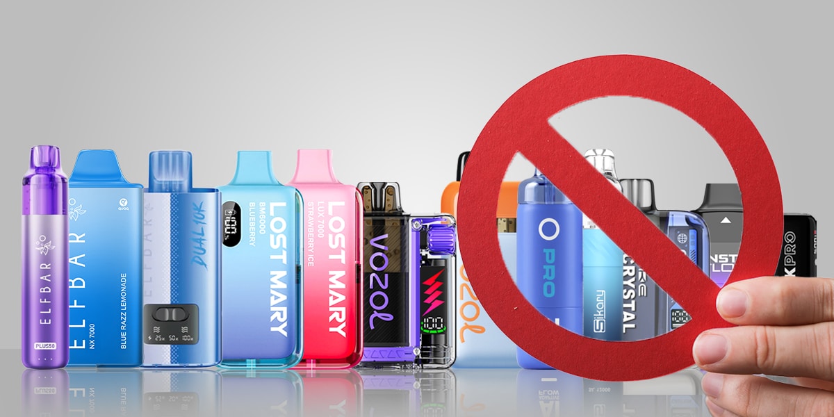 Reihe verschiedener Einweg-Vapes (u.a. ELFBAR, Lost Mary, Vozol) mit Verbotsschild, 20 mg Nikotin.