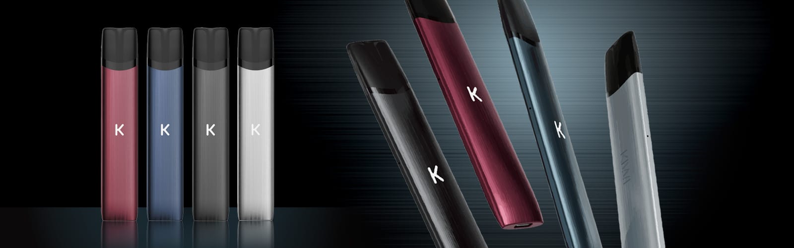 KIWI Vape Pod Kit 20 mg, schlanke E-Zigarette in Blau, Rot, Schwarz und Weiss, mehrere Geräte auf dunklem Hintergrund