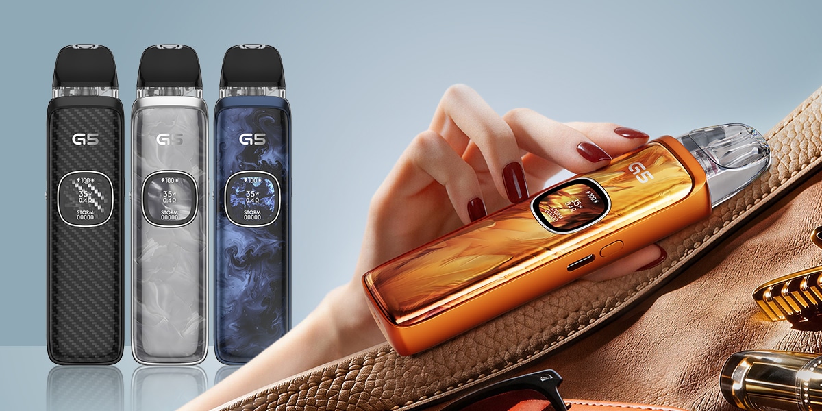 GS pod system vape in orange with display, alongside other GS devices in black, gray, and blue; lifestyle scene, 20 mg