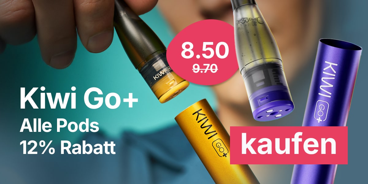 Image publicitaire des pods Kiwi Go+ Vape 20 mg avec 12 % de réduction, prix : 8,50, pods et appareils colorés disponibles en doré, noir et violet