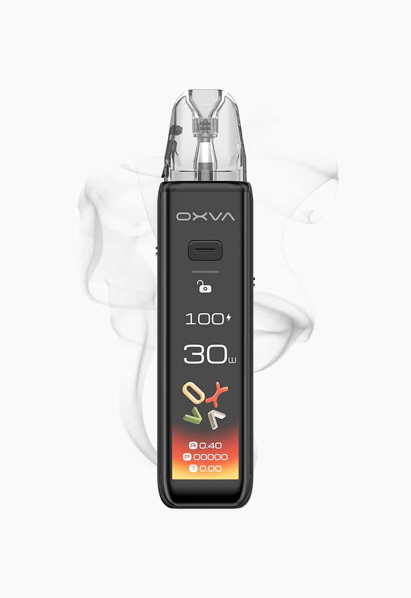 Vape OXVA à pods, couleur noire, avec écran et pod transparent, 20 mg de nicotine, en image de fond avec un léger effet de vapeur.