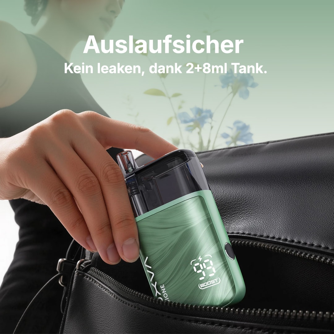 OXVA ONE Pod-System in Grün mit Display und BOOST-Icon, wird in eine Handtasche gesteckt, 20 mg