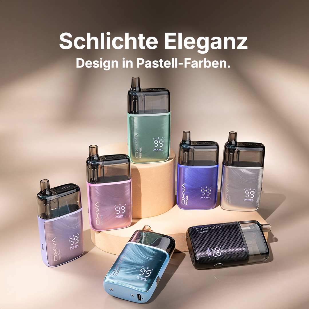 Mehrere OXVA UniOne Pod Vapes in Pastell-Farben auf Podesten, 20 mg, mit Display im Studio-Setting