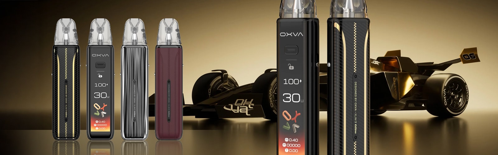 OXVA XLIM Pro 30W Pod Vape in Schwarz/Gold und weiteren Farben, Vorder- und Rückansicht vor Rennwagen-Hintergrund, 20 mg
