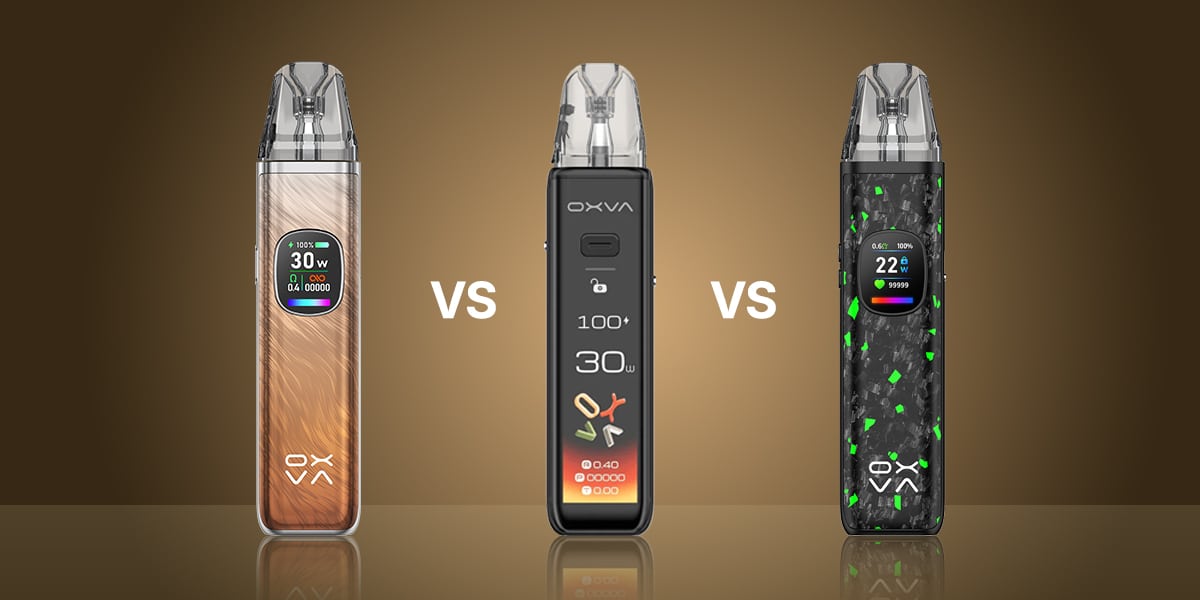 Vergleichsbild: OXVA XLIM Pro Pod System 20 mg in drei Designs (Holzoptik, Schwarz, Carbon Grün) mit Display