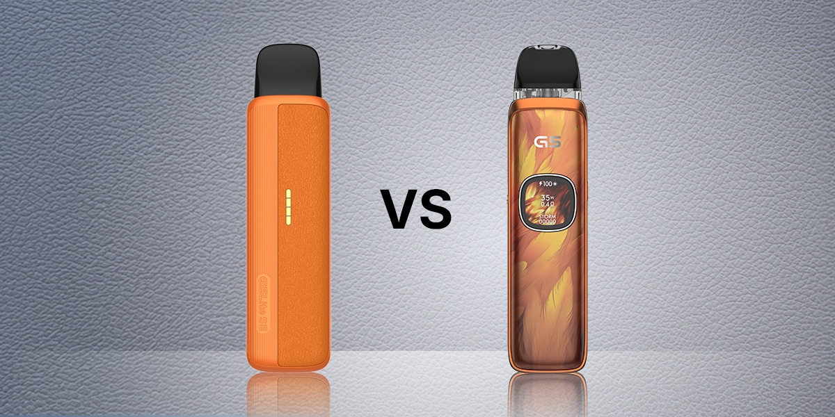 Vergleichsbild: GeekVape Wenax S3 in Orange links und GeekVape Sonder Q mit Muster rechts, 20 mg, mit „VS“ in der Mitte