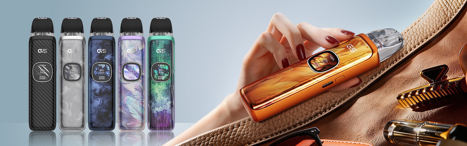 Orange G5 pod vape device with display, alongside several G5 color options, lifestyle scene featuring a hand and a bag, 20 mg