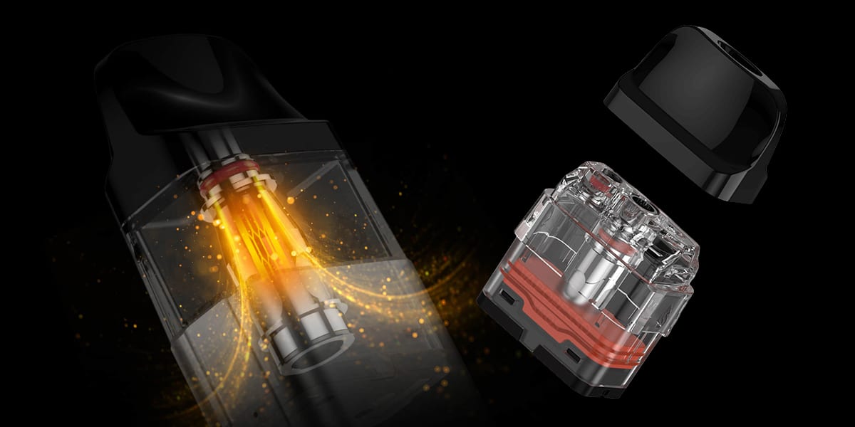 Transparent-schwarzer Vape Pod Cartridge mit Mundstück und Einsatz, 20 mg, auf schwarzem Hintergrund in Explosionsansicht