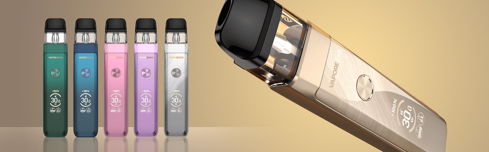 Vaporesso LUXE X2 Pod Vape in Grün, Blau, Pink, Lila und Silber, plus Detailansicht des goldenen Geräts, 20 mg