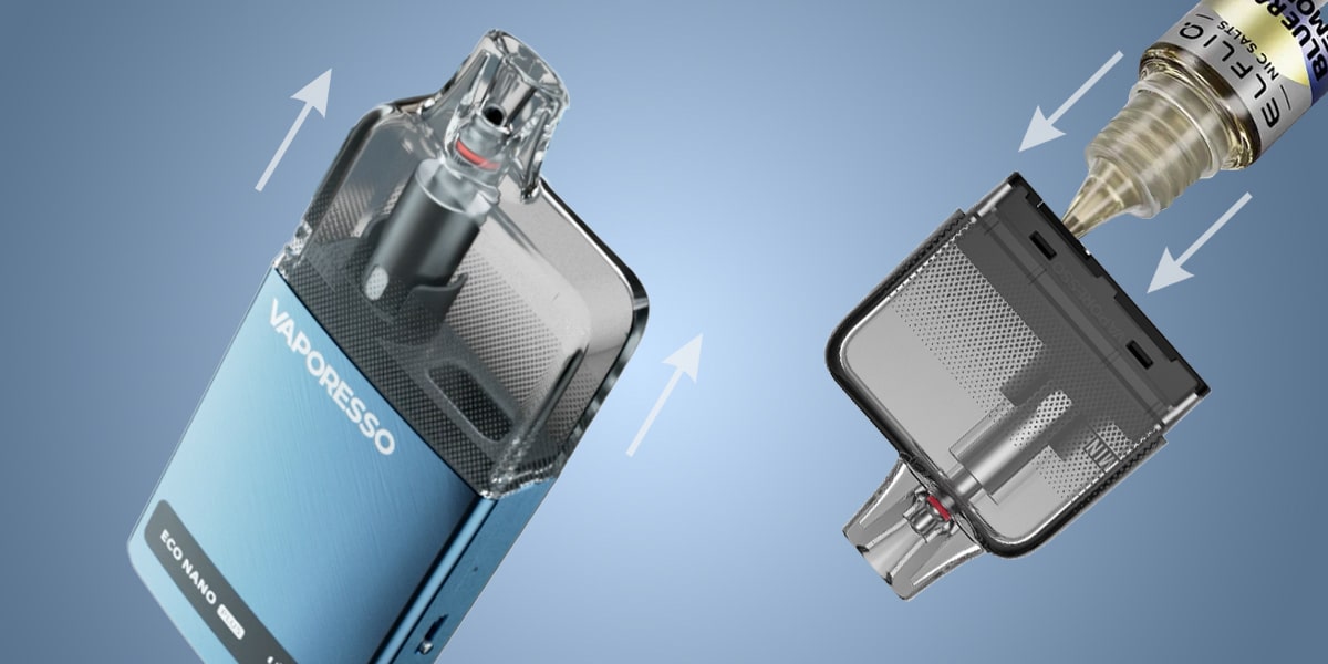 Vaporesso ECO NANO Pod-System in Blau mit transparentem Pod und Nachfüll-Illustration, 20 mg Nikotin
