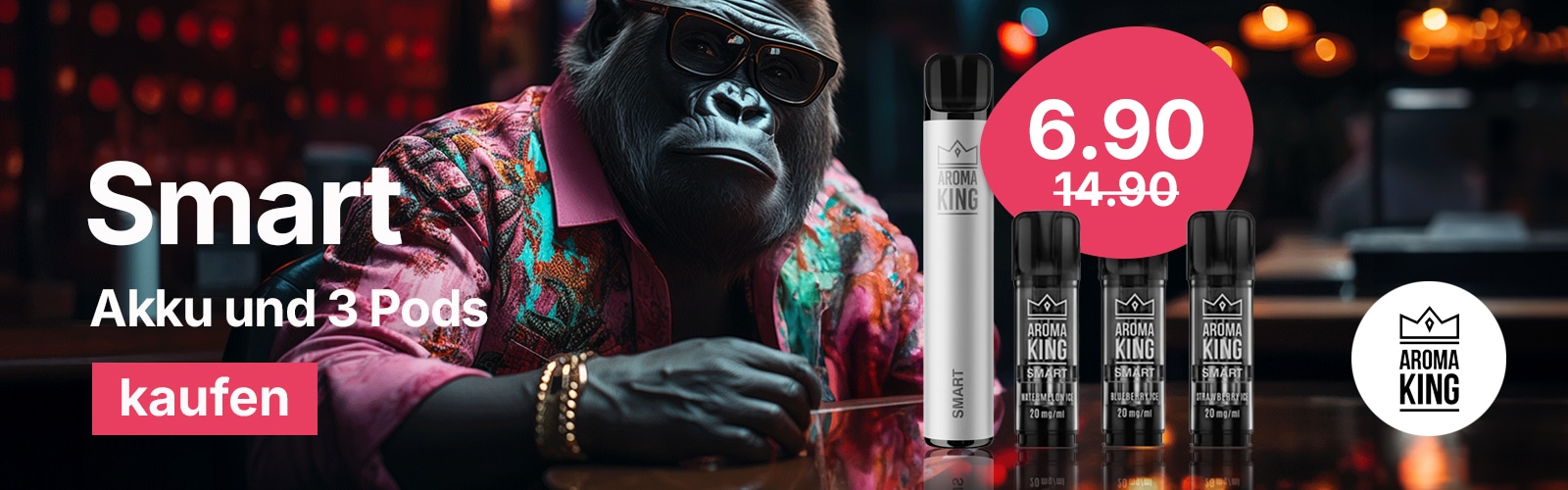 Aroma King Smart with 3 Pods, 20 mg/ml, Set with a white vape and three black Aroma King Smart