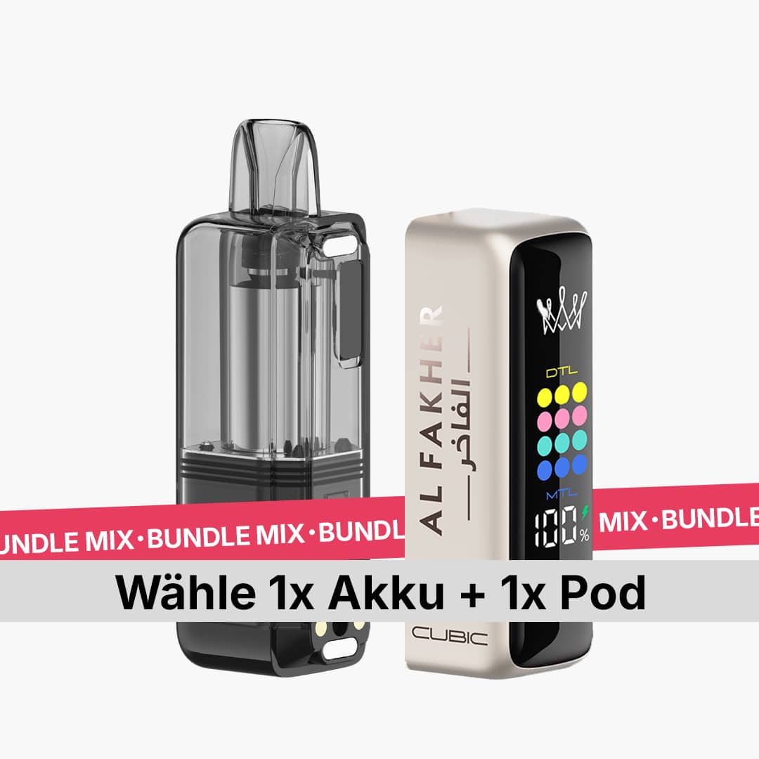 AL FAKHER Cubic Mix Bundle Vape: Akku und Pod, 20 mg, Text „Wähle 1x Akku + 1x Pod“