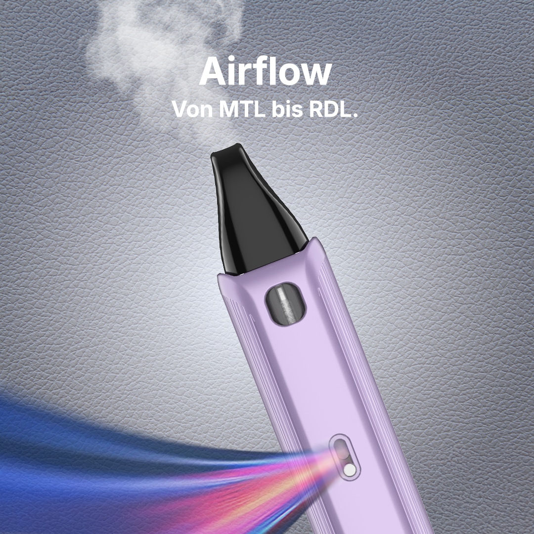 Lila Pod-Vape mit Airflow-Regler, Text „Airflow von MTL bis RDL“, 20 mg Nikotin auf grauem Hintergrund